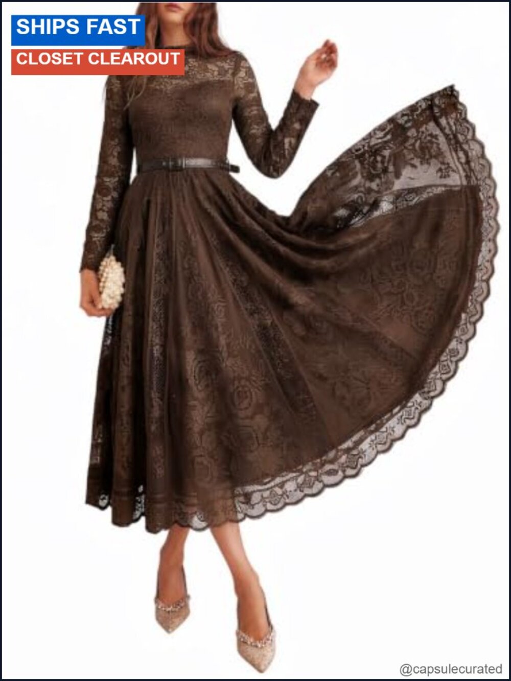 Women's Long Sleeve Lace A-Line Formal Wedding Guest Midi Dress